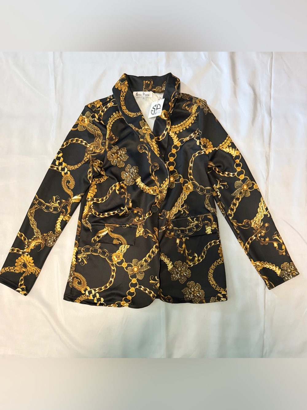 Black & Gold Chain-Print Satin Blazer Jacket - Women